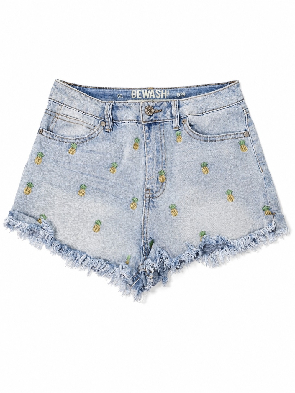 Rewash Light Blue Denim Shorts with Pineapple Embroidery, Size 28